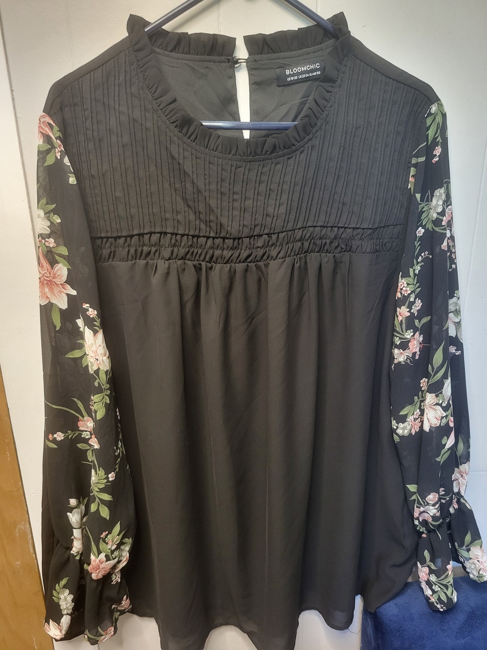 BloomChic Black Blouse with Pink & Green Floral Sleeves